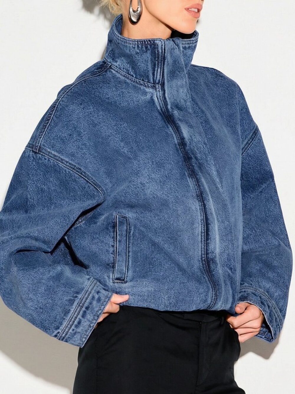 Blue Women's Funnel Neck Stand Collar Cropped Hem Oversized Denim Bomber jacket - Picture 5 of 5